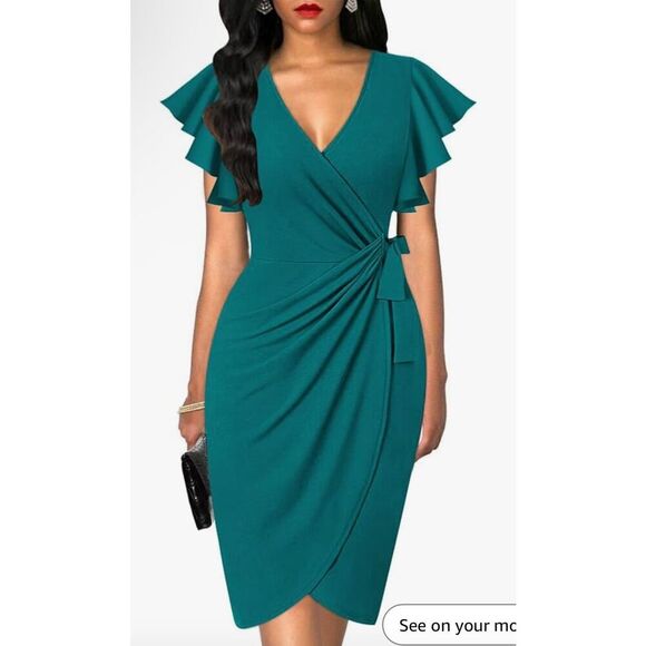 NEW Deep V Neck Sleeve Sheath Formal Slit Pencil Dress L - Picture 5 of 5